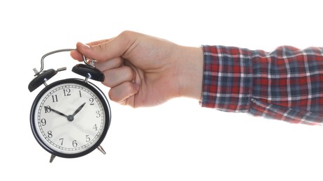 Photo of Man with black alarm clock on white background, closeup