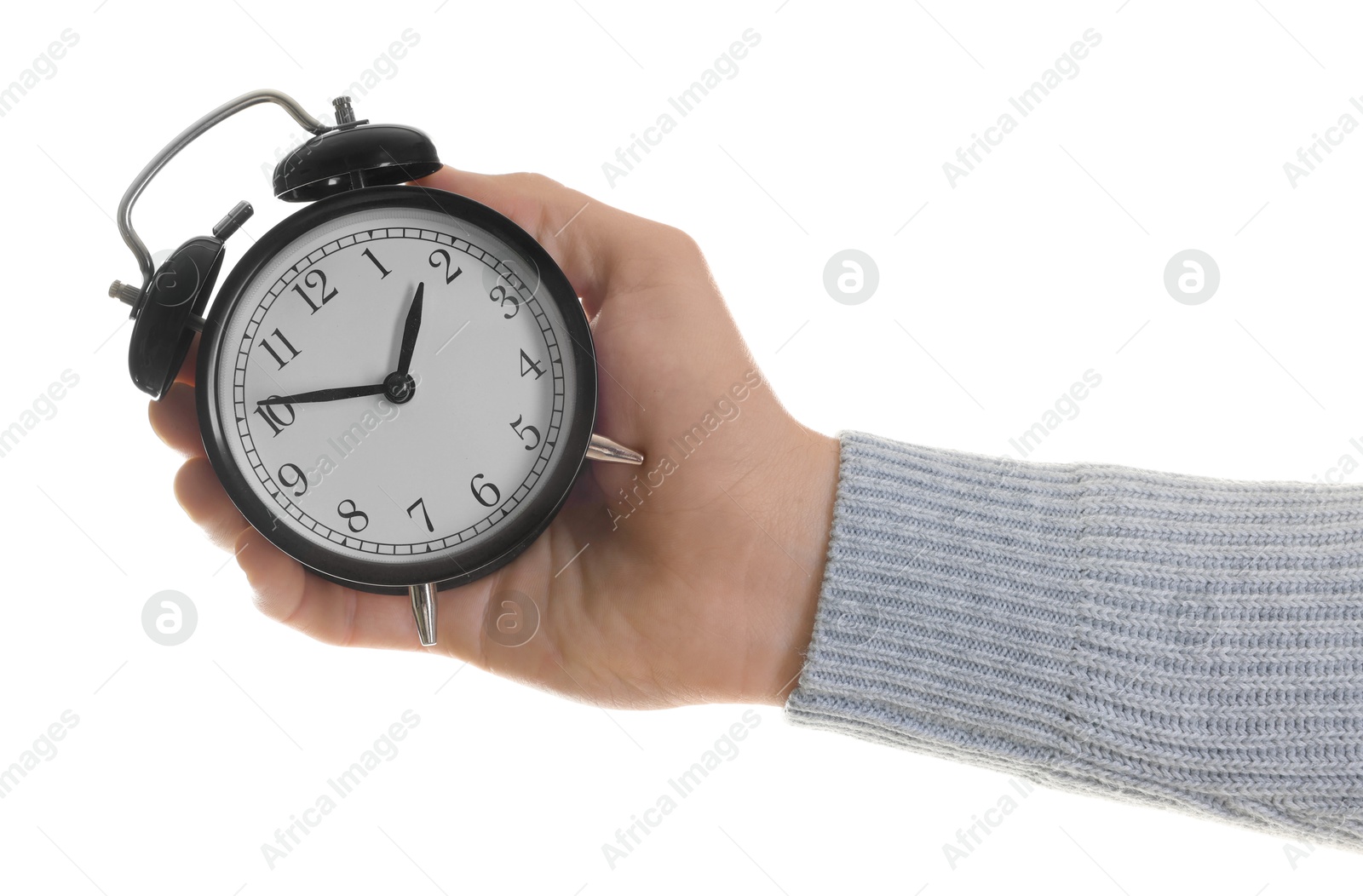 Photo of Man with black alarm clock on white background, closeup