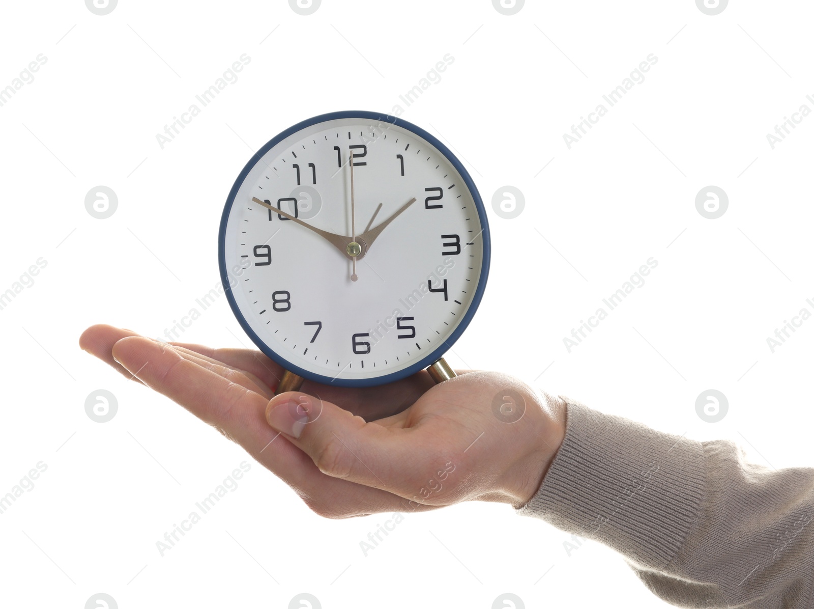 Photo of Man with alarm clock on white background, closeup