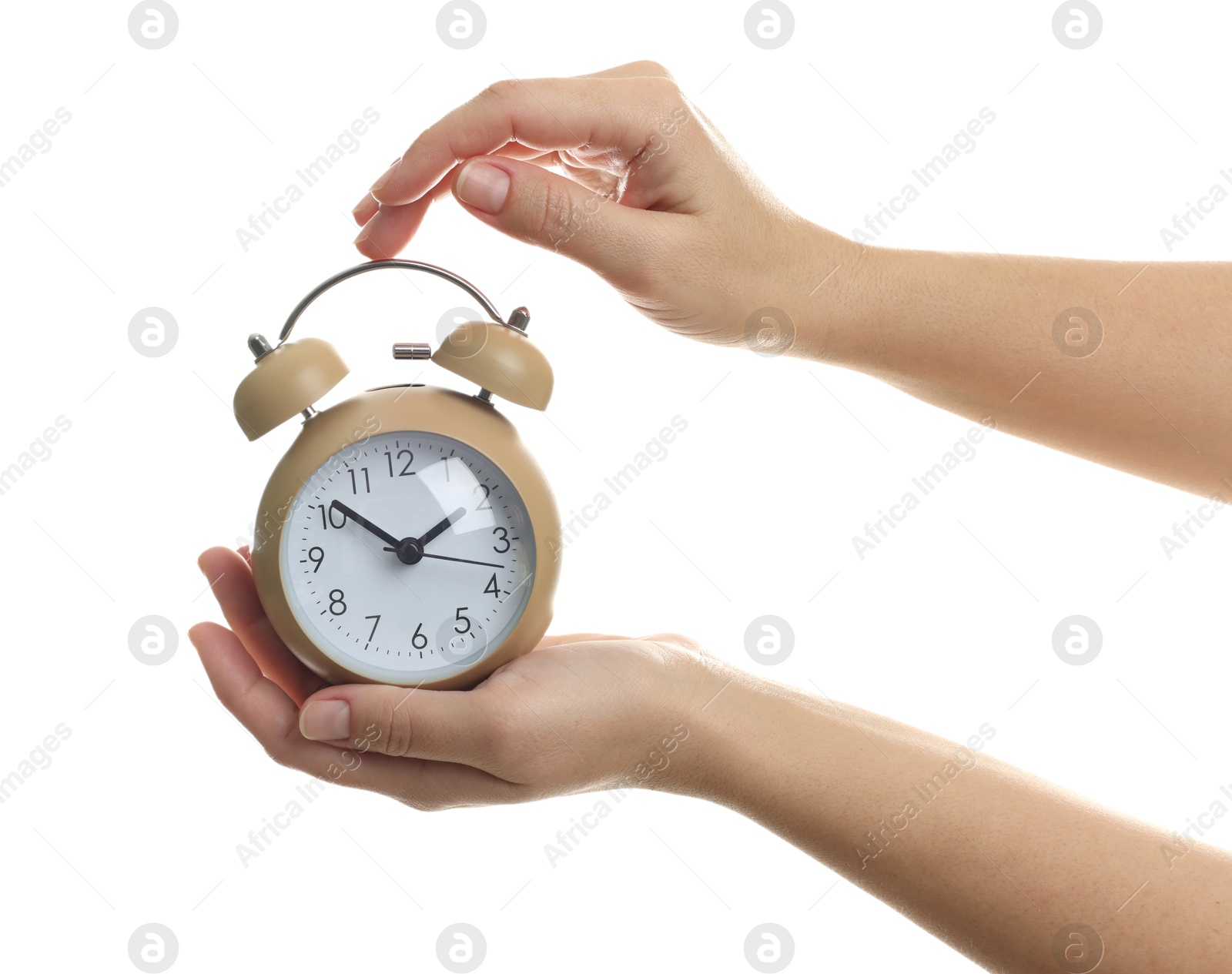 Photo of Woman with alarm clock on white background, closeup