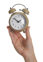 Photo of Woman with alarm clock on white background, closeup