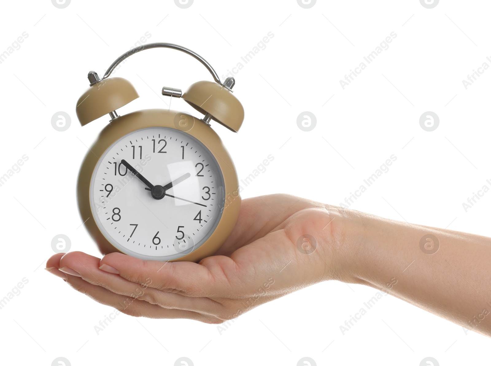 Photo of Woman with alarm clock on white background, closeup