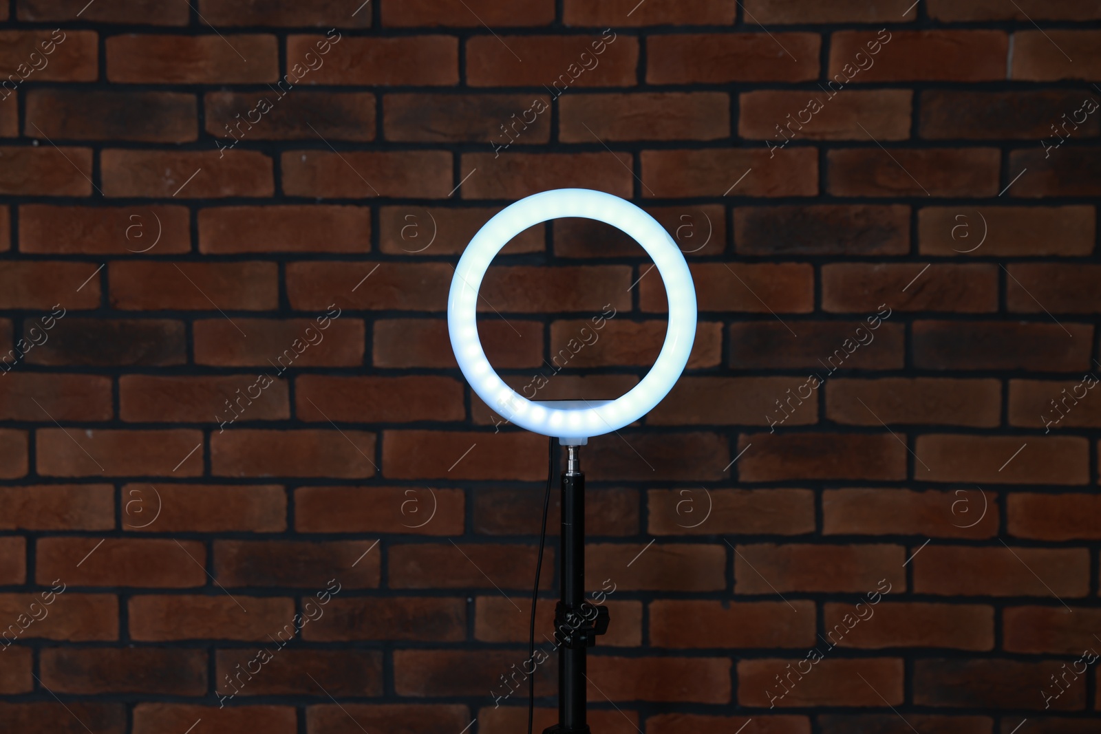 Photo of Ring lamp on stand against brick wall