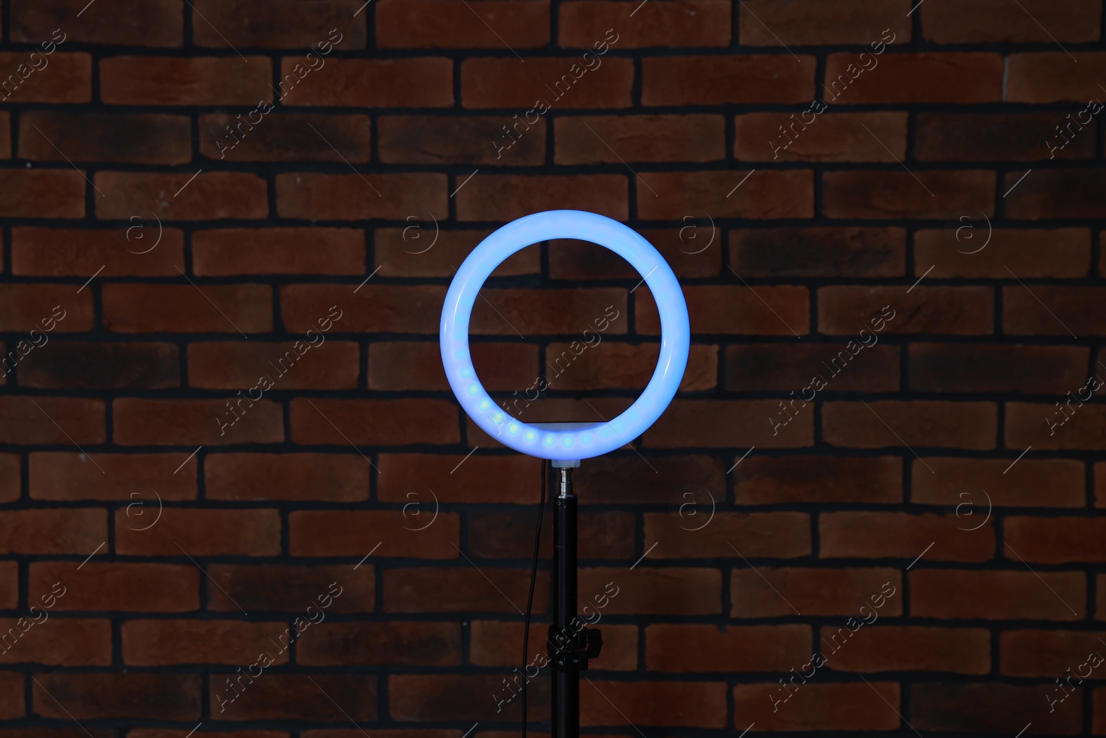 Photo of Ring lamp on stand against brick wall