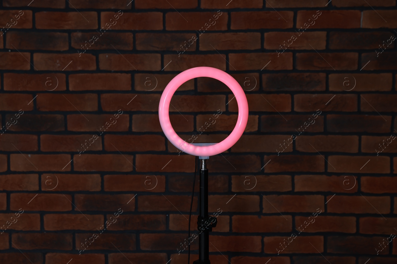 Photo of Ring lamp on stand against brick wall