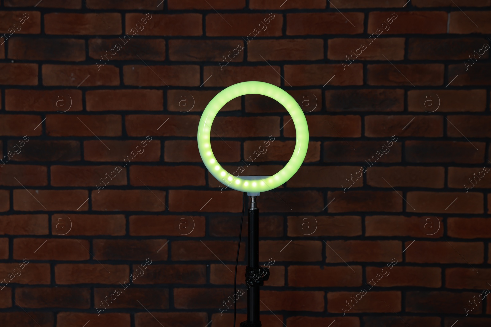 Photo of Ring lamp on stand against brick wall