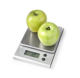 Photo of Electronic kitchen scale with apples isolated on white