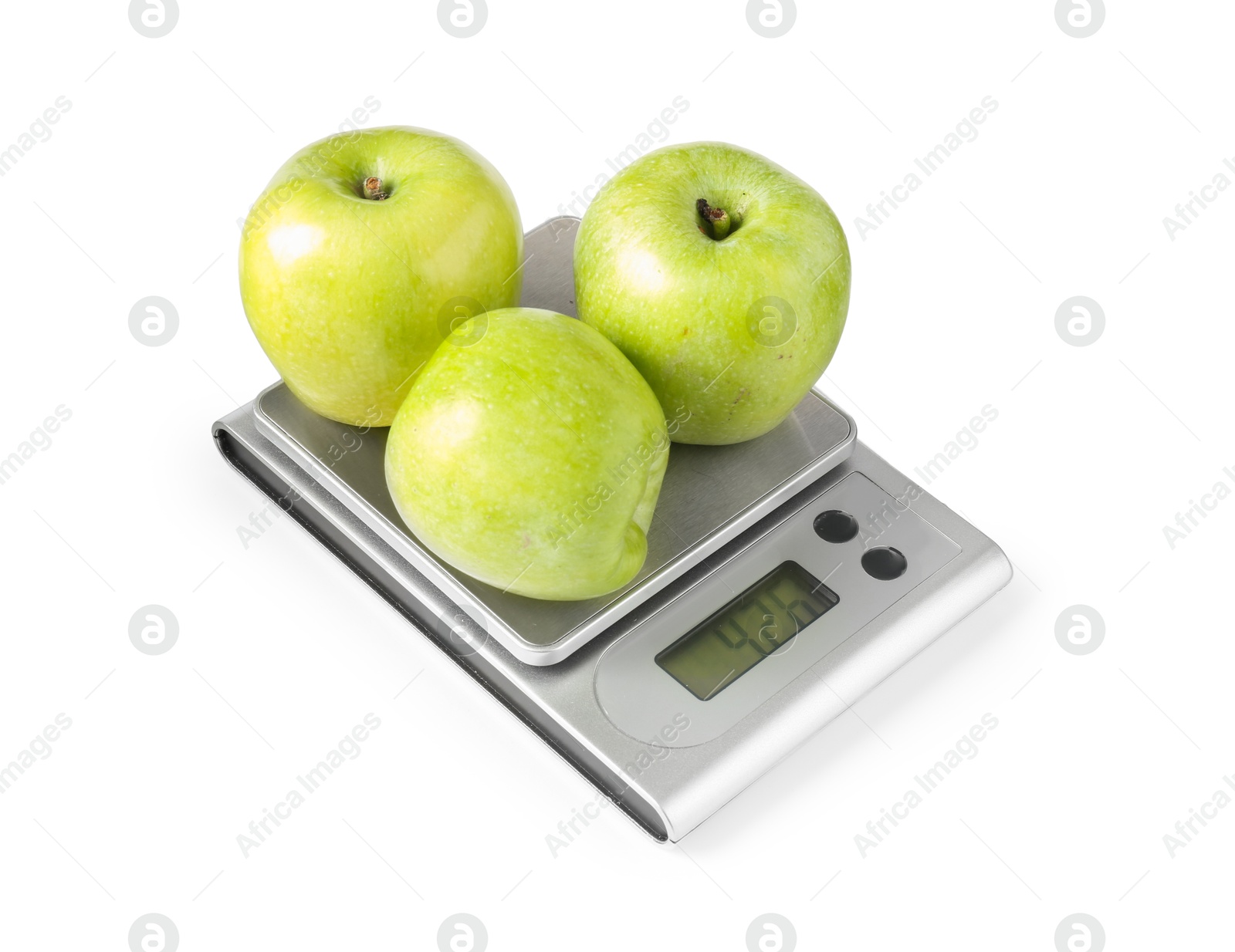 Photo of Electronic kitchen scale with apples isolated on white