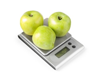 Photo of Electronic kitchen scale with apples isolated on white