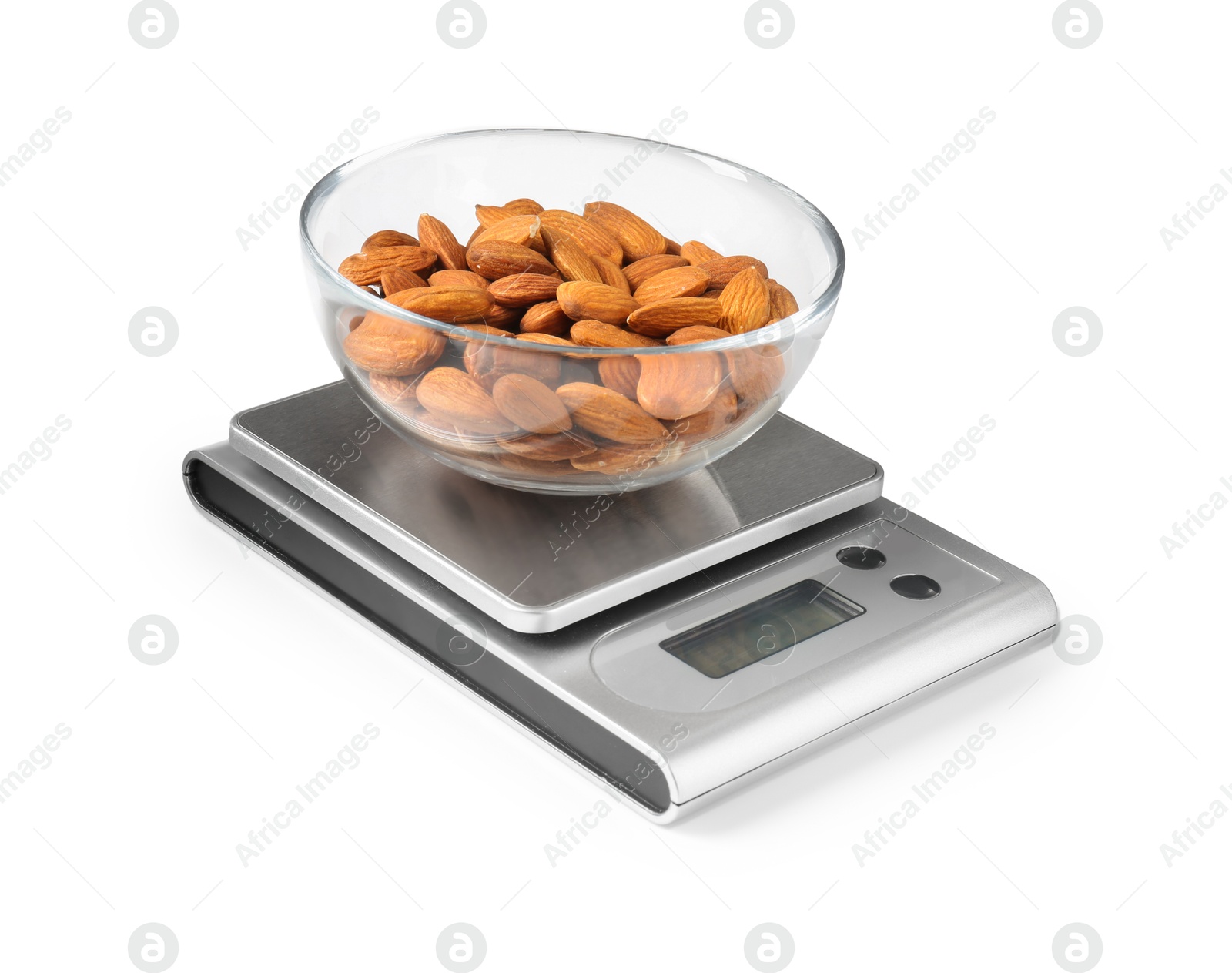 Photo of Electronic kitchen scale with almonds isolated on white