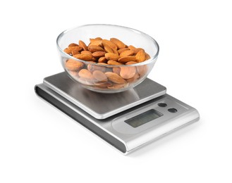 Photo of Electronic kitchen scale with almonds isolated on white