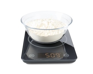 Photo of Modern electronic kitchen scale with flour isolated on white