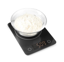 Photo of Modern electronic kitchen scale with flour isolated on white