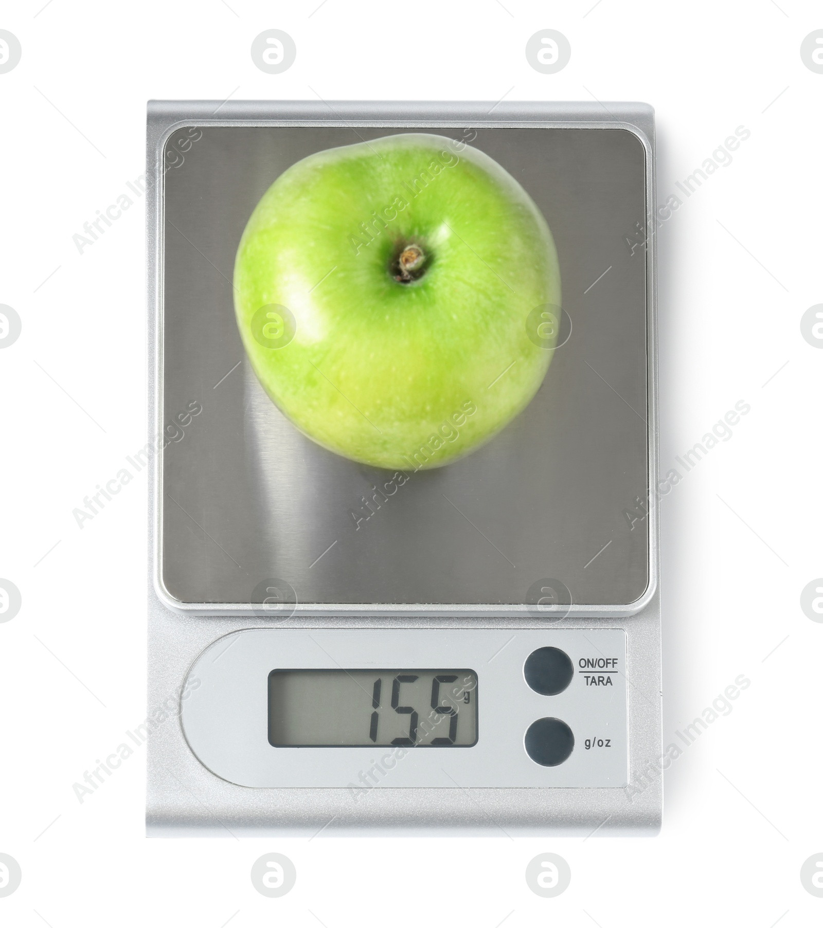 Photo of Modern electronic kitchen scale with apple isolated on white, top view