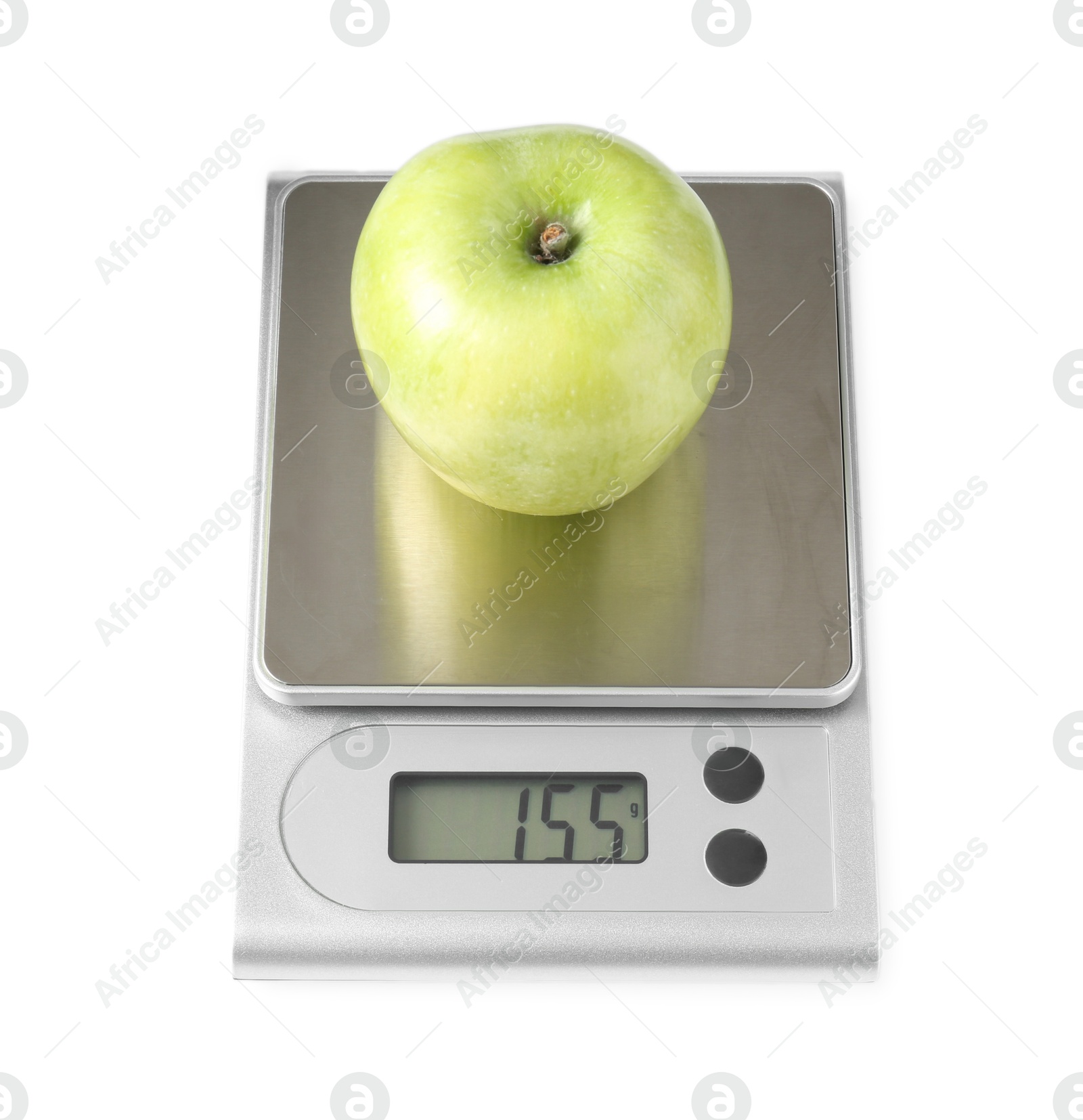 Photo of Modern electronic kitchen scale with apple isolated on white