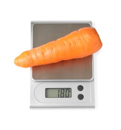 Photo of Modern electronic kitchen scale with carrot isolated on white