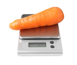 Photo of Modern electronic kitchen scale with carrot isolated on white