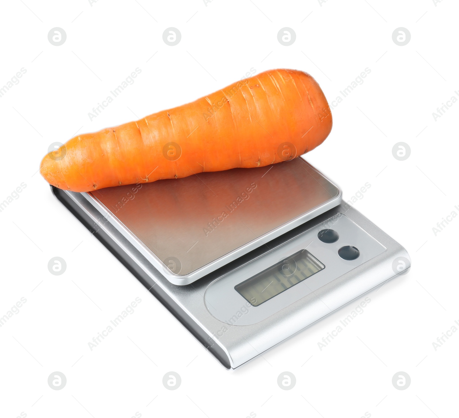 Photo of Modern electronic kitchen scale with carrot isolated on white