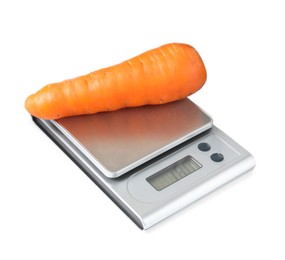 Photo of Modern electronic kitchen scale with carrot isolated on white