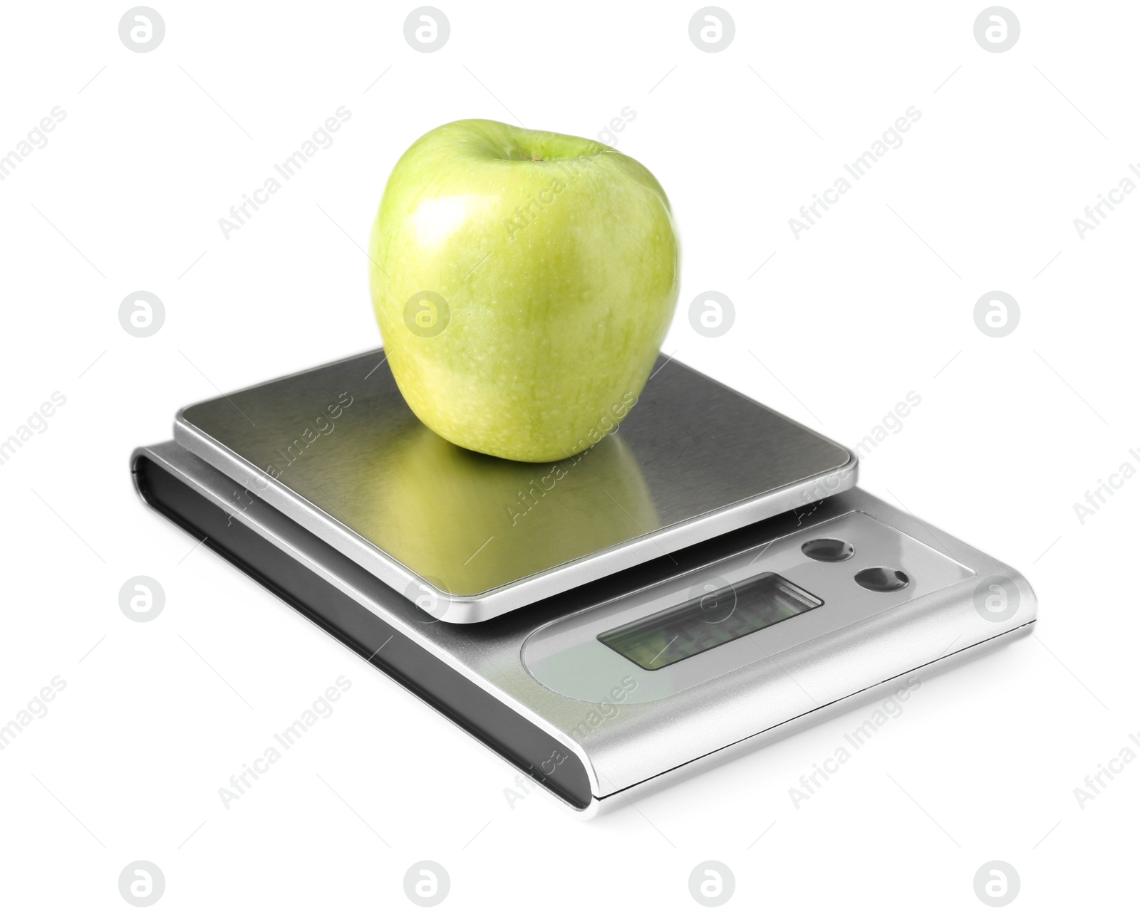 Photo of Modern electronic kitchen scale with apple isolated on white