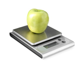 Photo of Modern electronic kitchen scale with apple isolated on white