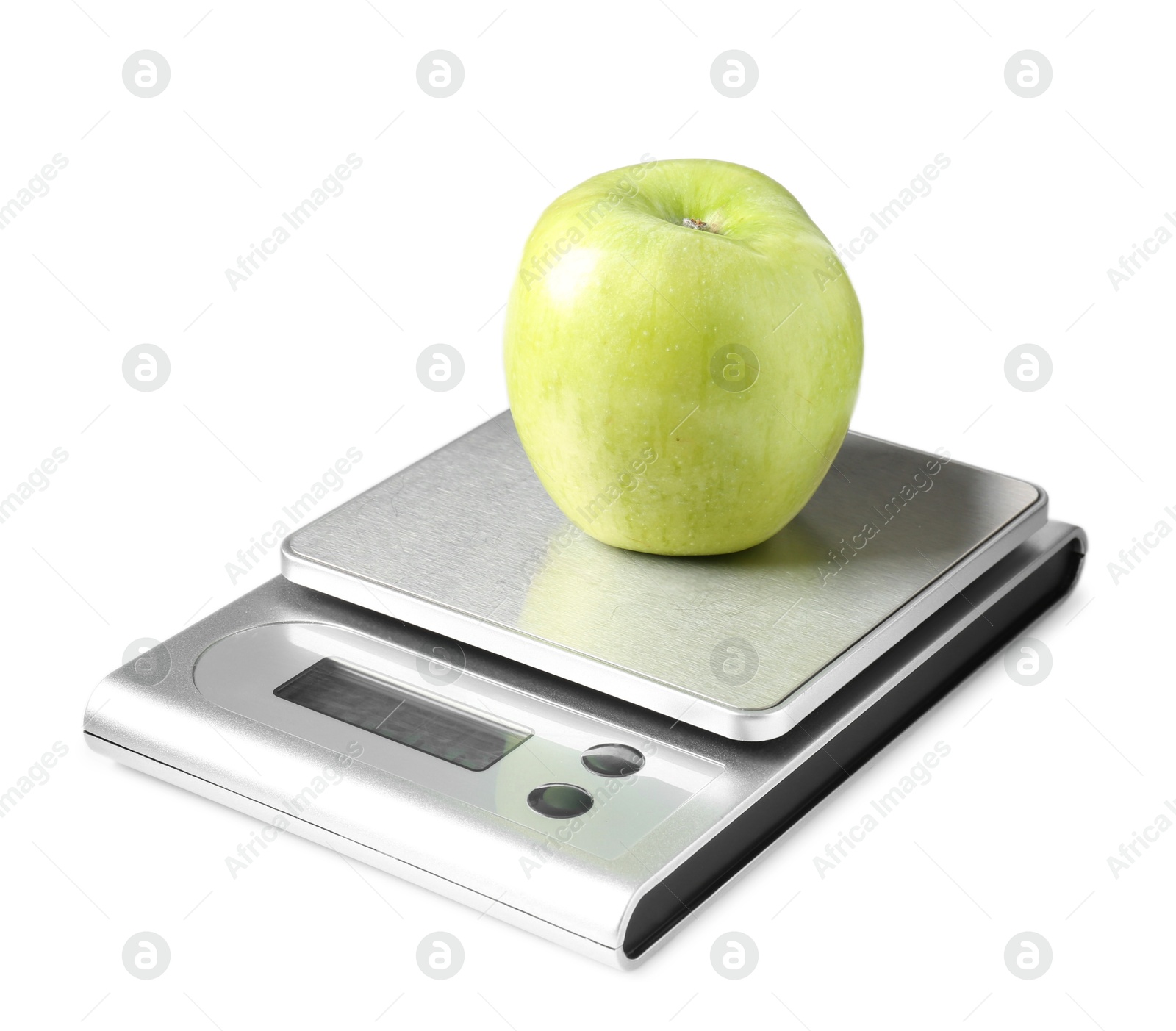 Photo of Modern electronic kitchen scale with apple isolated on white