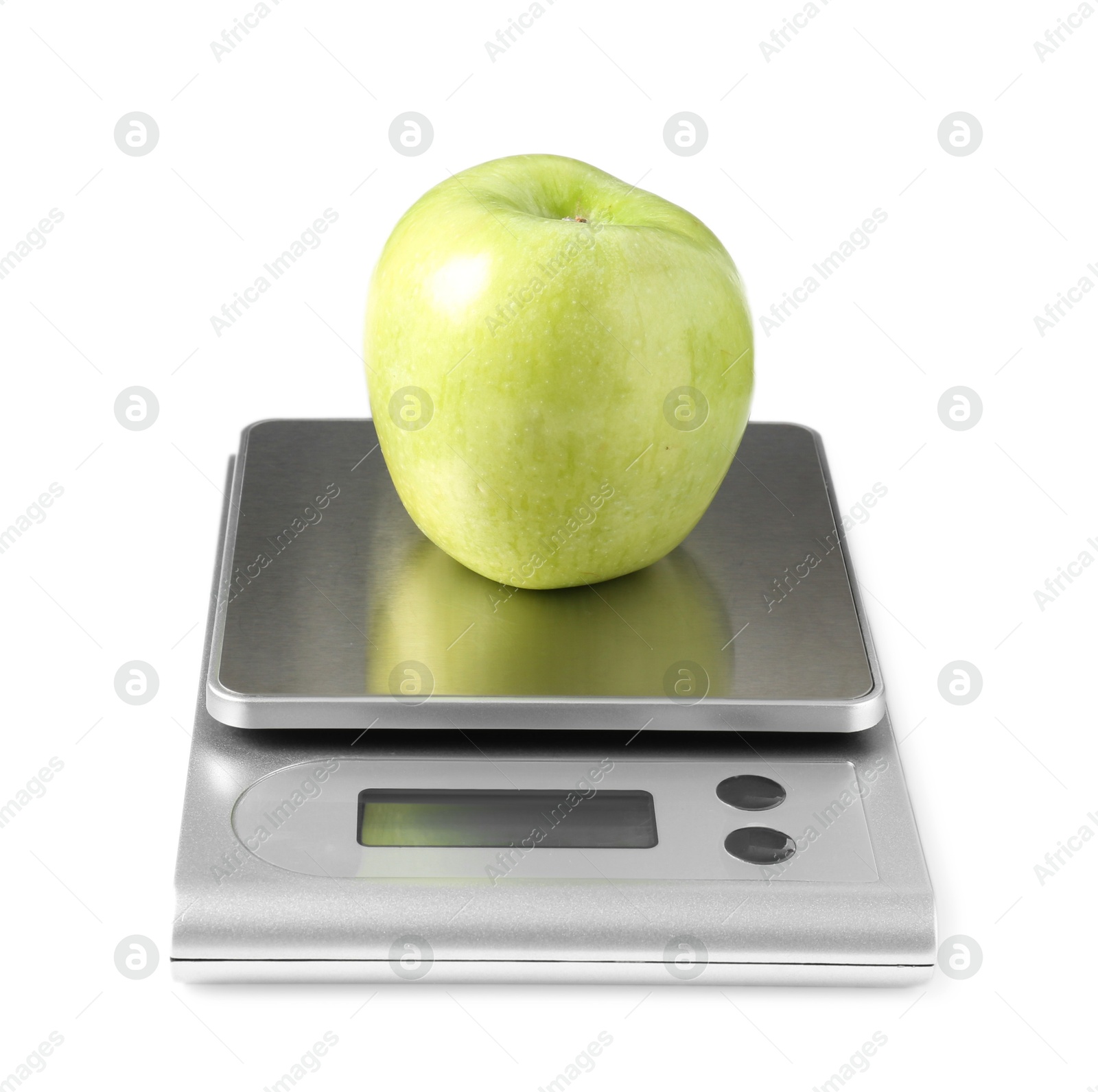 Photo of Modern electronic kitchen scale with apple isolated on white