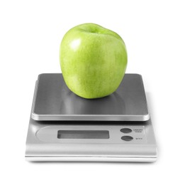 Photo of Modern electronic kitchen scale with apple isolated on white