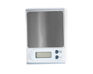 Photo of Modern electronic kitchen scale isolated on white, top view