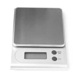 Photo of Modern electronic kitchen scale isolated on white