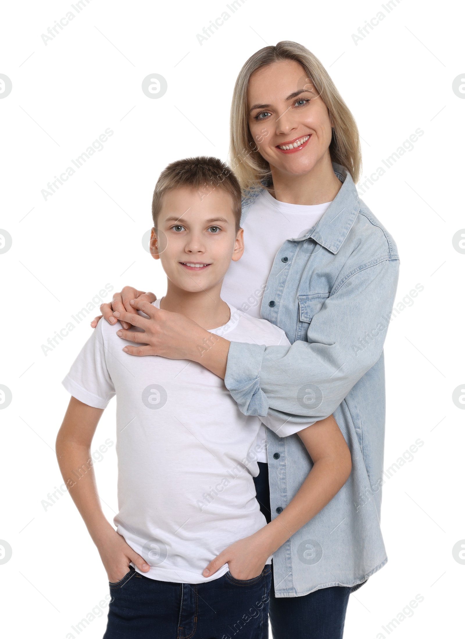 Photo of Mother and son hugging on white background