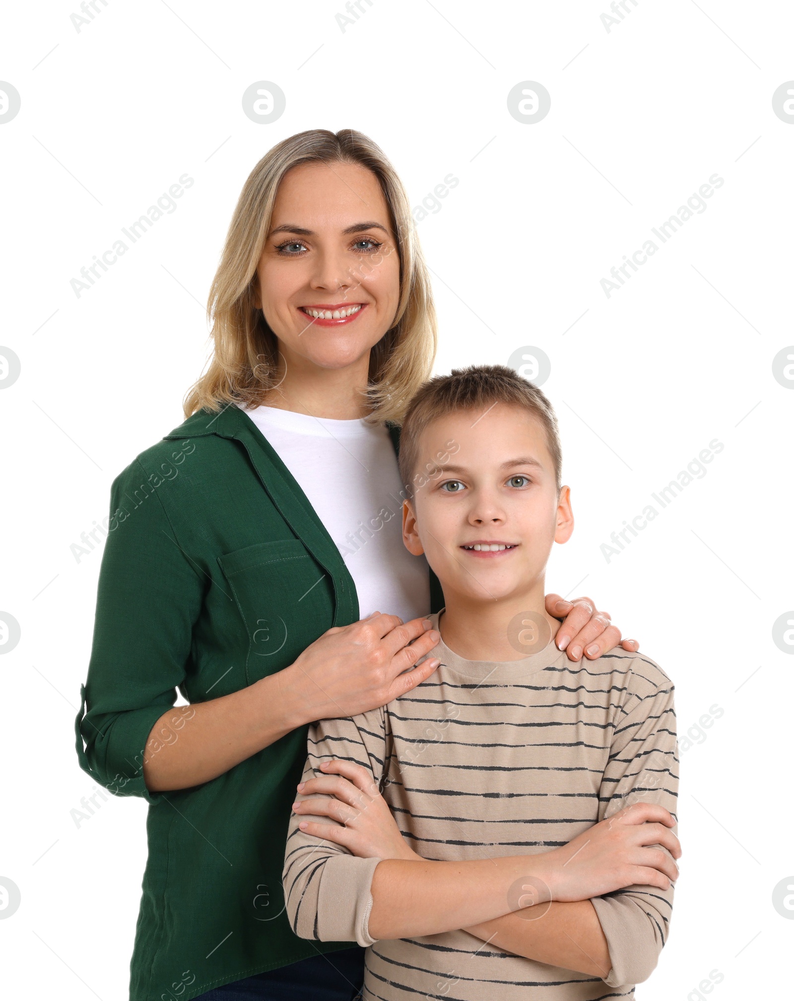 Photo of Happy mother and son on white background