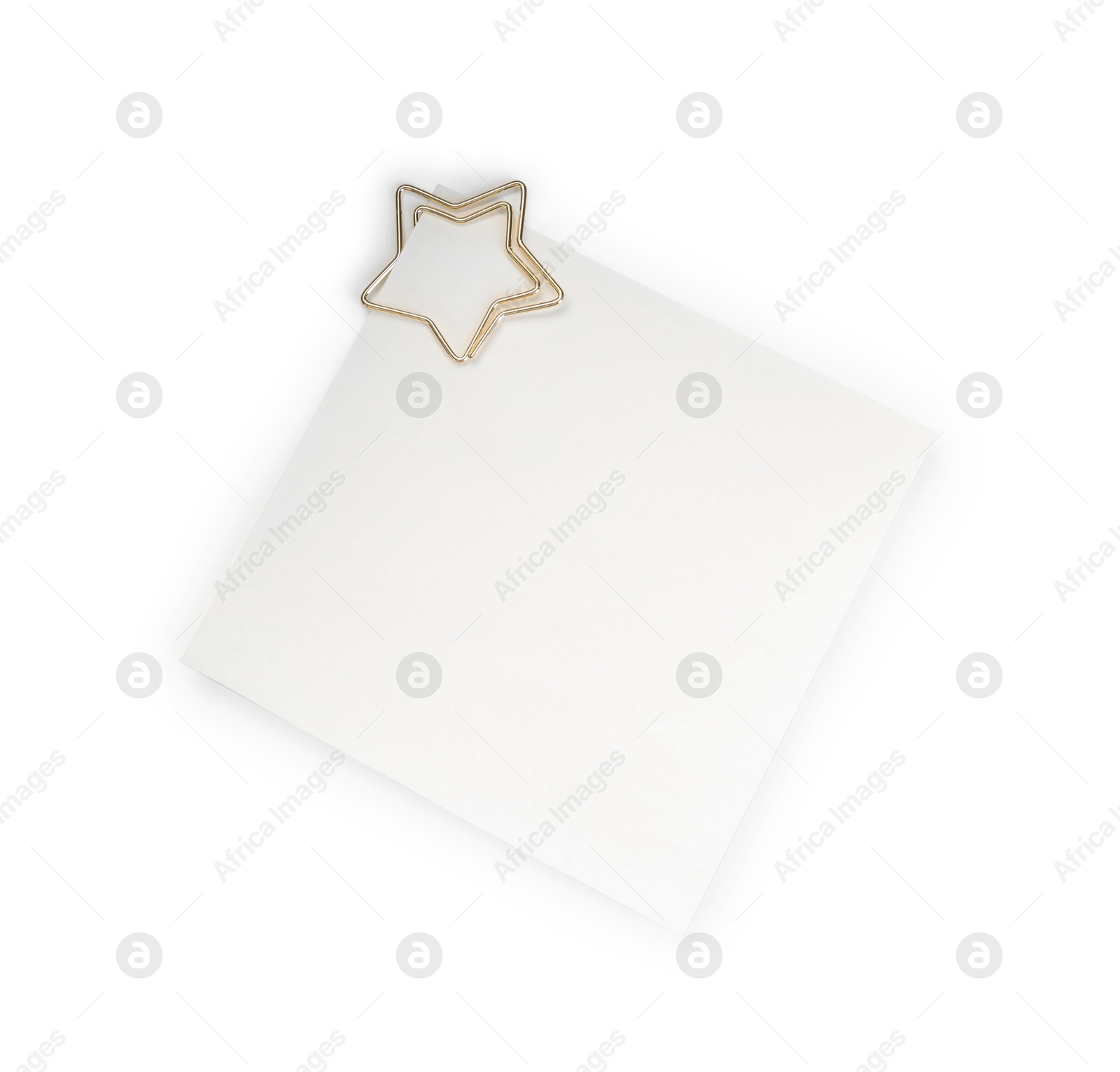 Photo of Blank paper note attached with clip isolated on white, top view