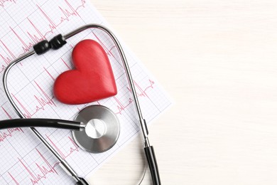 Photo of Cardiology. Stethoscope, cardiogram and red decorative heart on light wooden table, flat lay. Space for text