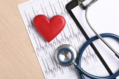 Photo of Cardiology. Cardiogram, clipboard, stethoscope and red decorative heart on wooden table, flat lay