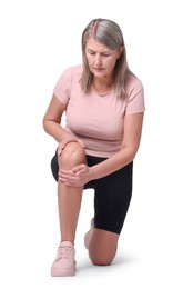 Photo of Senior woman suffering from knee pain on white background