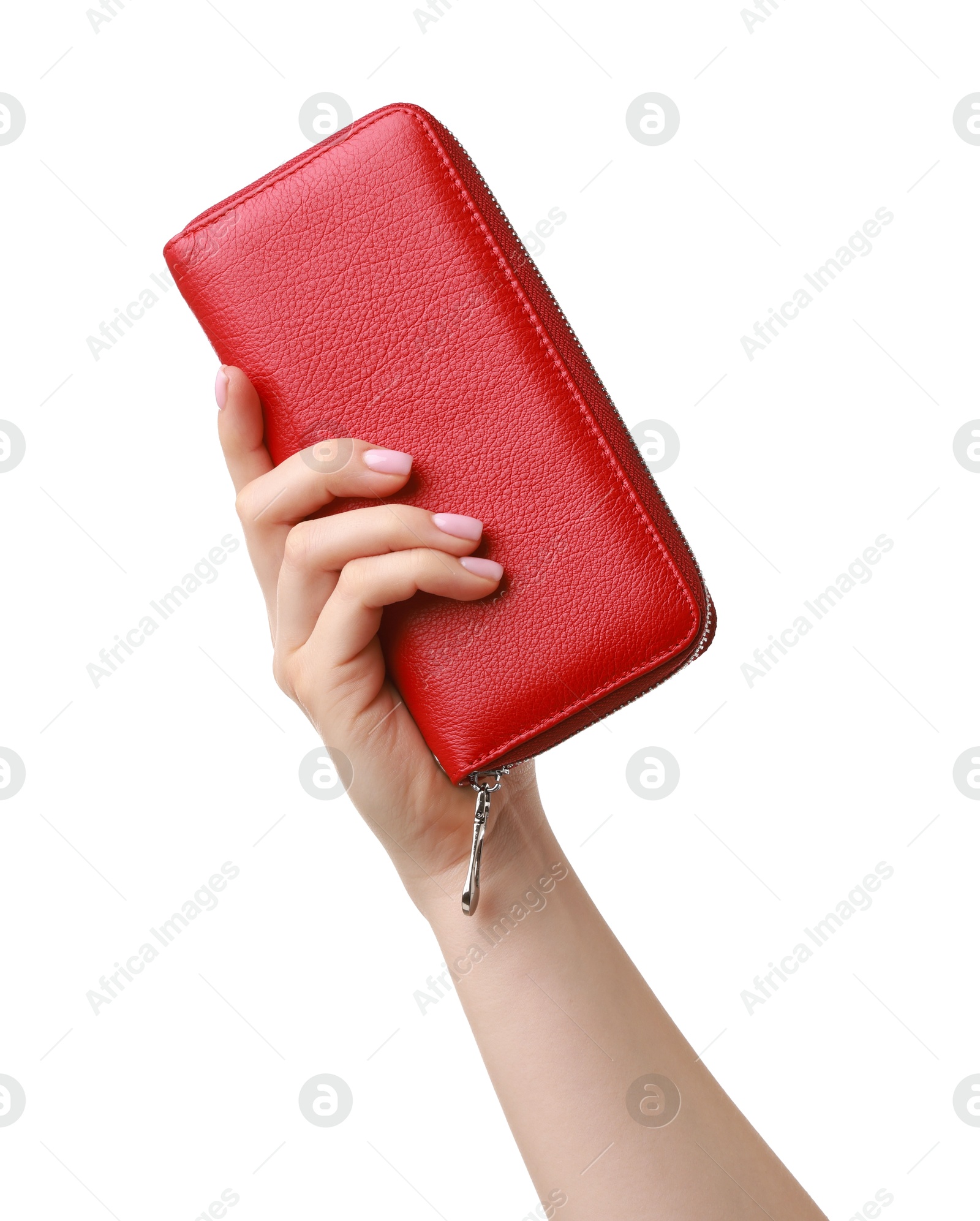 Photo of Woman with beautiful wallet on white background, closeup. Stylish accessory