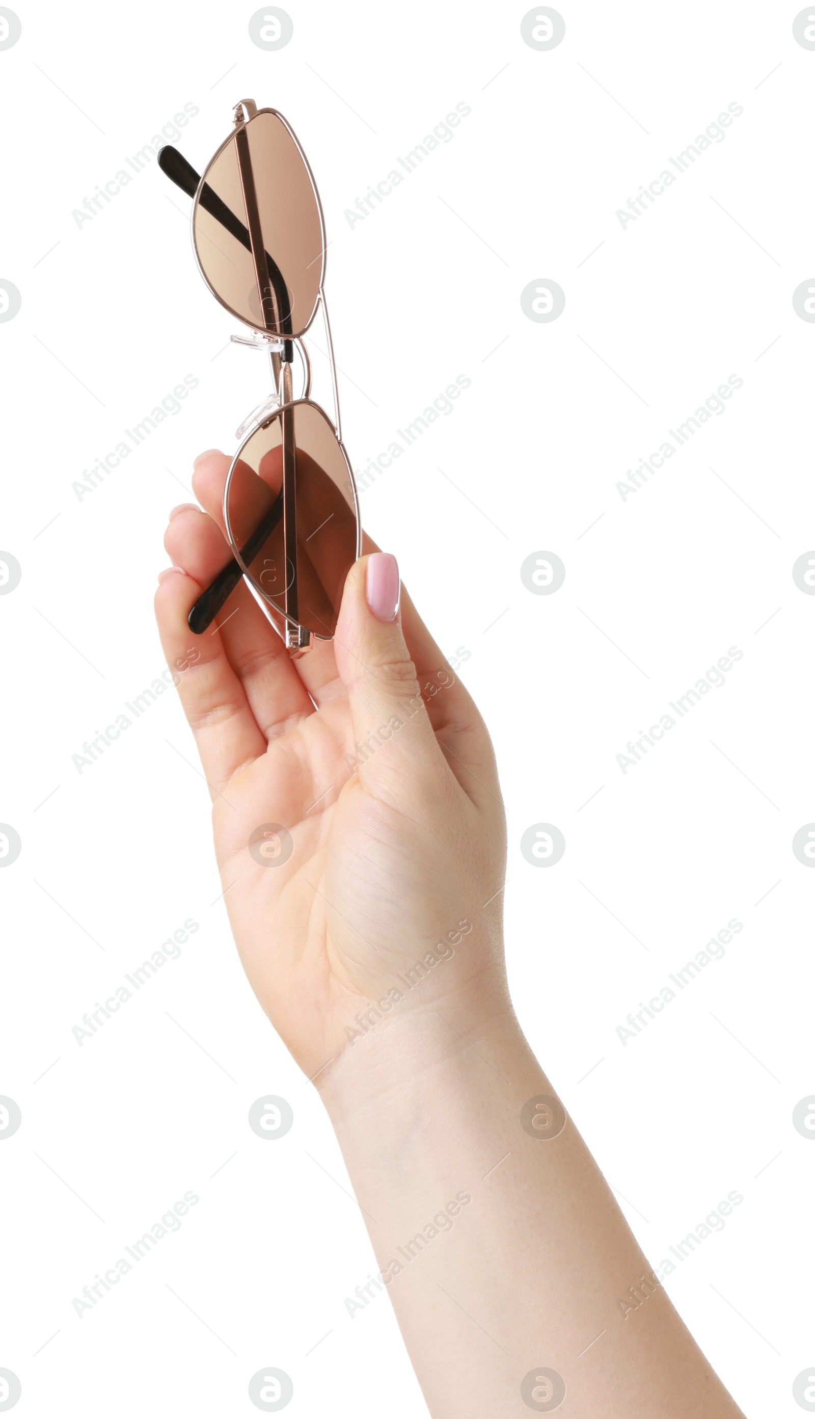 Photo of Woman with beautiful sunglasses on white background, closeup. Stylish accessory