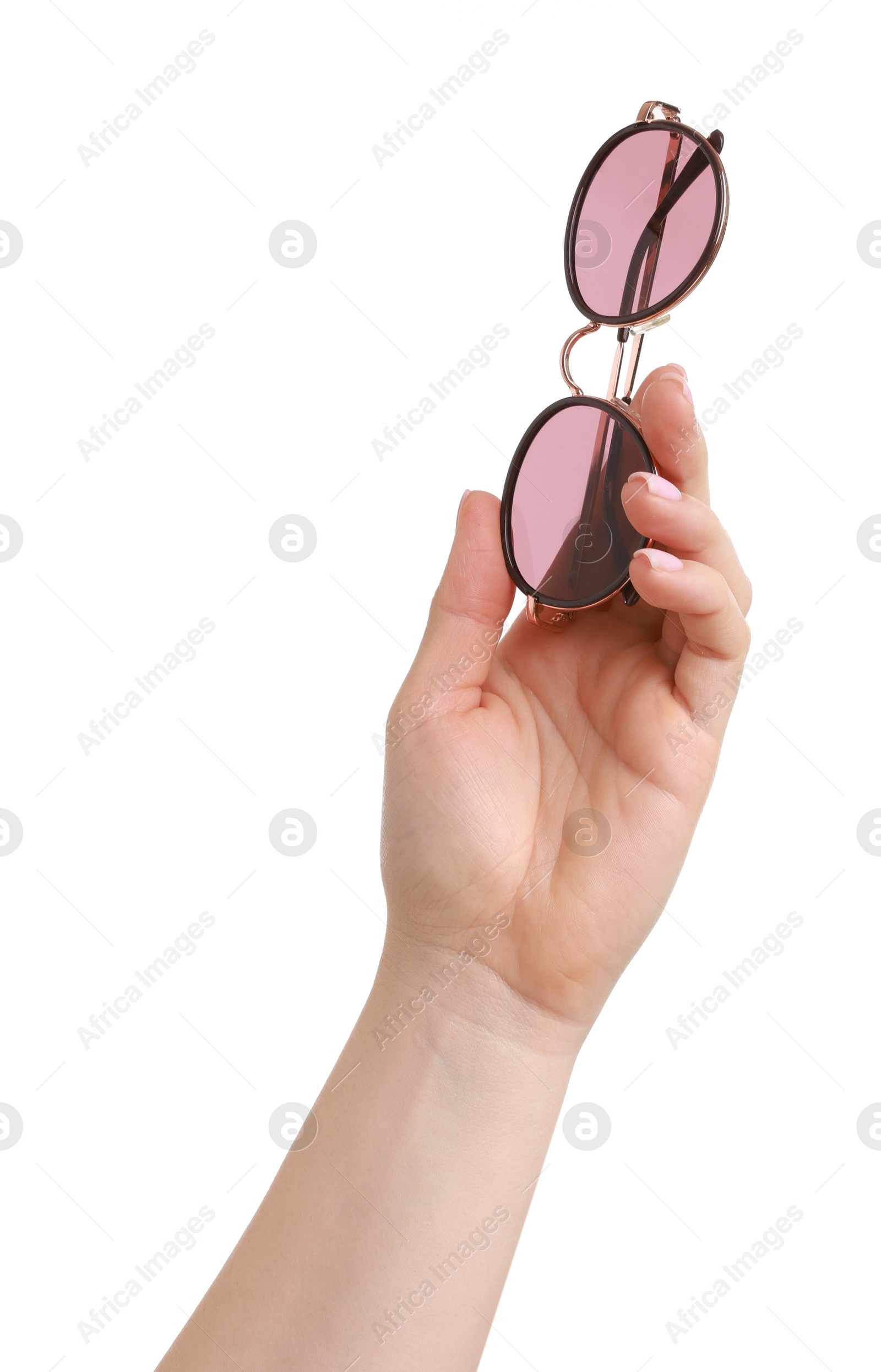 Photo of Woman with beautiful sunglasses on white background, closeup. Stylish accessory