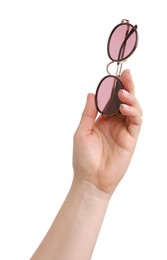 Photo of Woman with beautiful sunglasses on white background, closeup. Stylish accessory