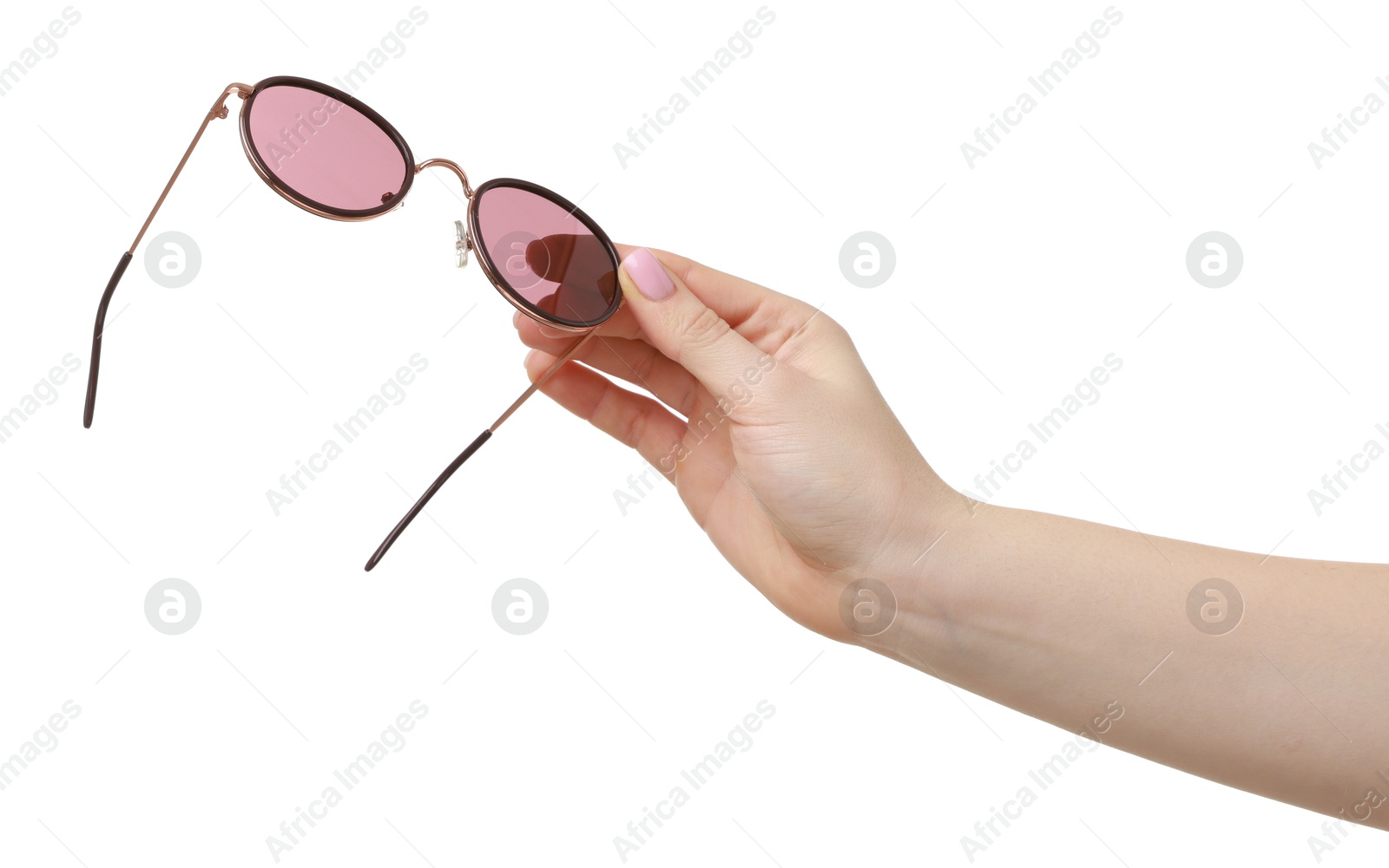 Photo of Woman with beautiful sunglasses on white background, closeup. Stylish accessory