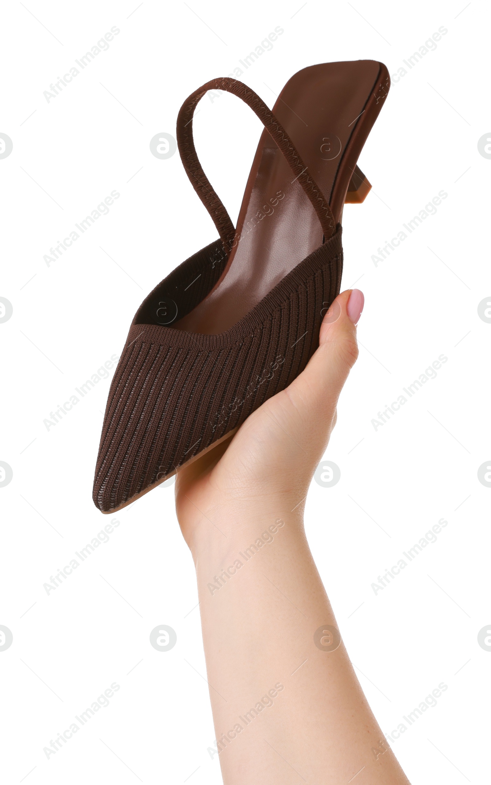 Photo of Woman with beautiful brown shoe on white background, closeup