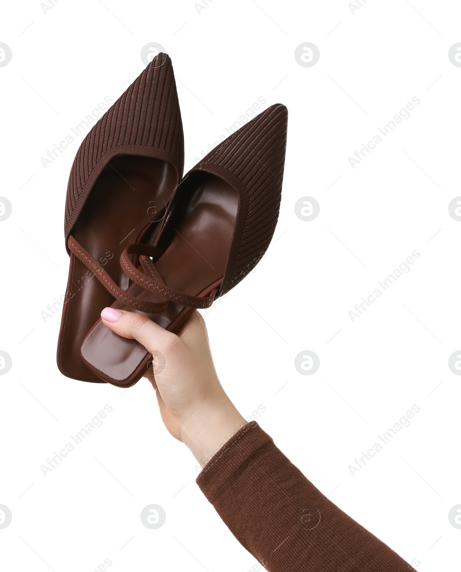 Photo of Woman with beautiful brown shoes on white background, closeup