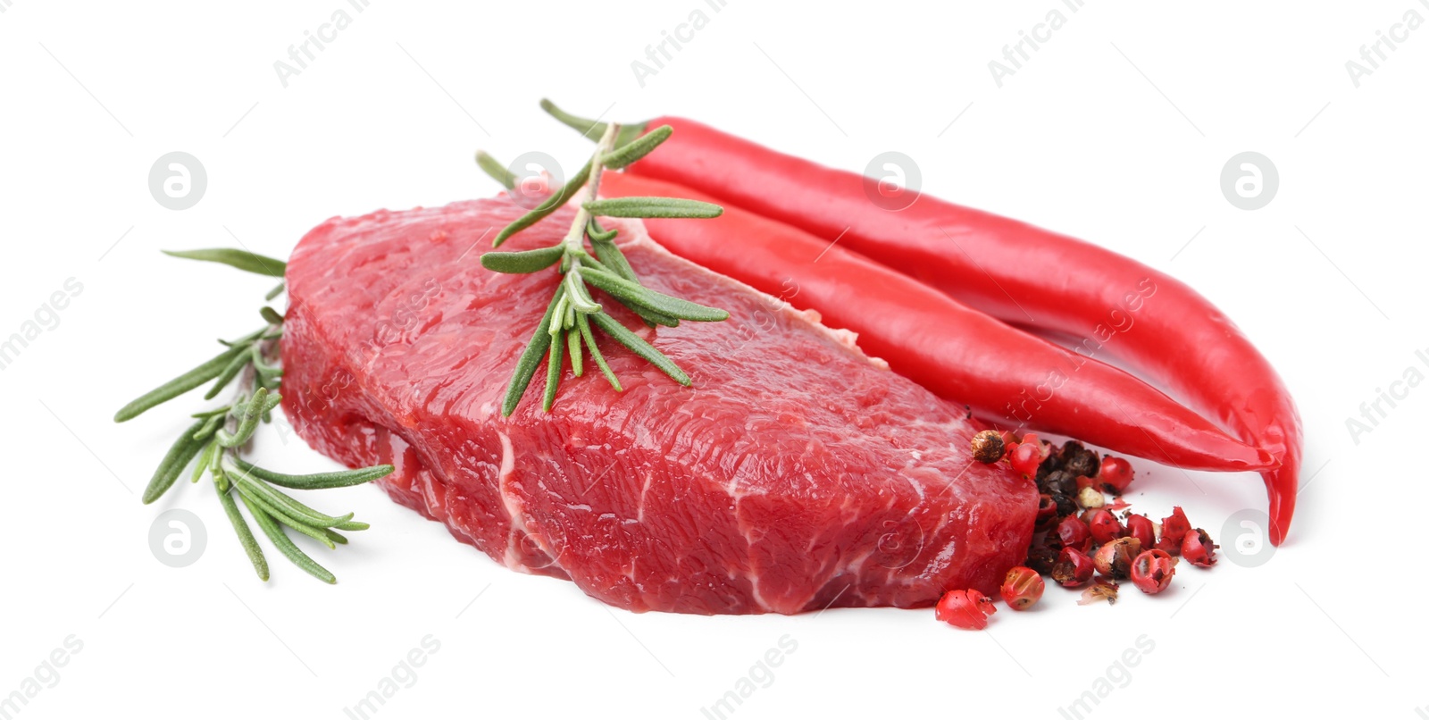 Photo of Piece of raw beef meat and spices isolated on white