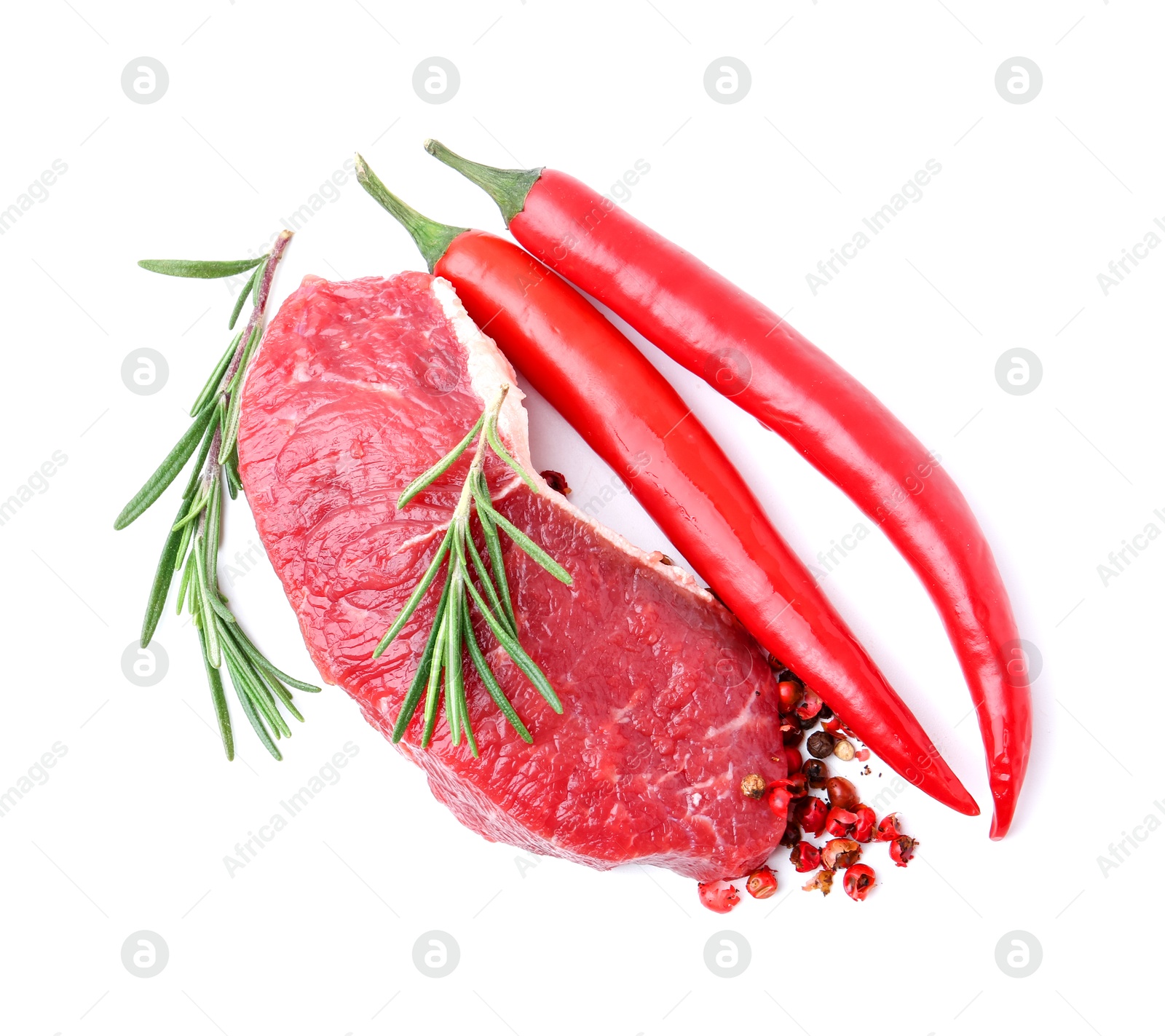 Photo of Piece of raw beef meat and spices isolated on white, top view