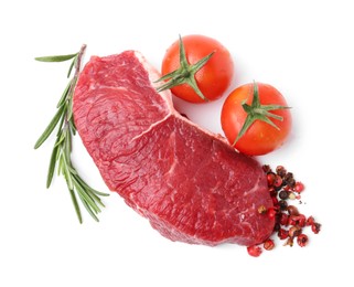 Photo of Piece of raw beef meat, rosemary, peppercorns and tomatoes isolated on white, top view