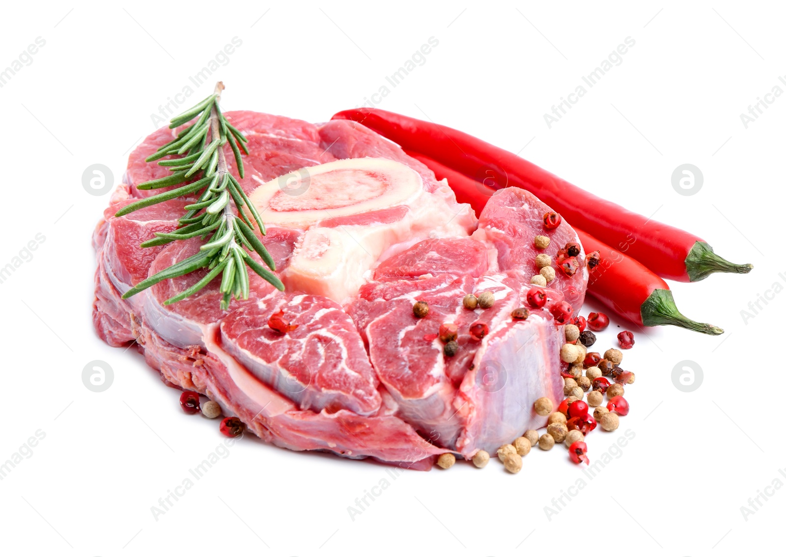 Photo of Piece of raw beef meat and spices isolated on white