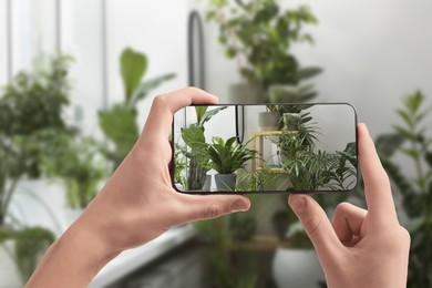 Image of Man taking photo of plant to recognize it using identifier application on mobile phone indoors, closeup