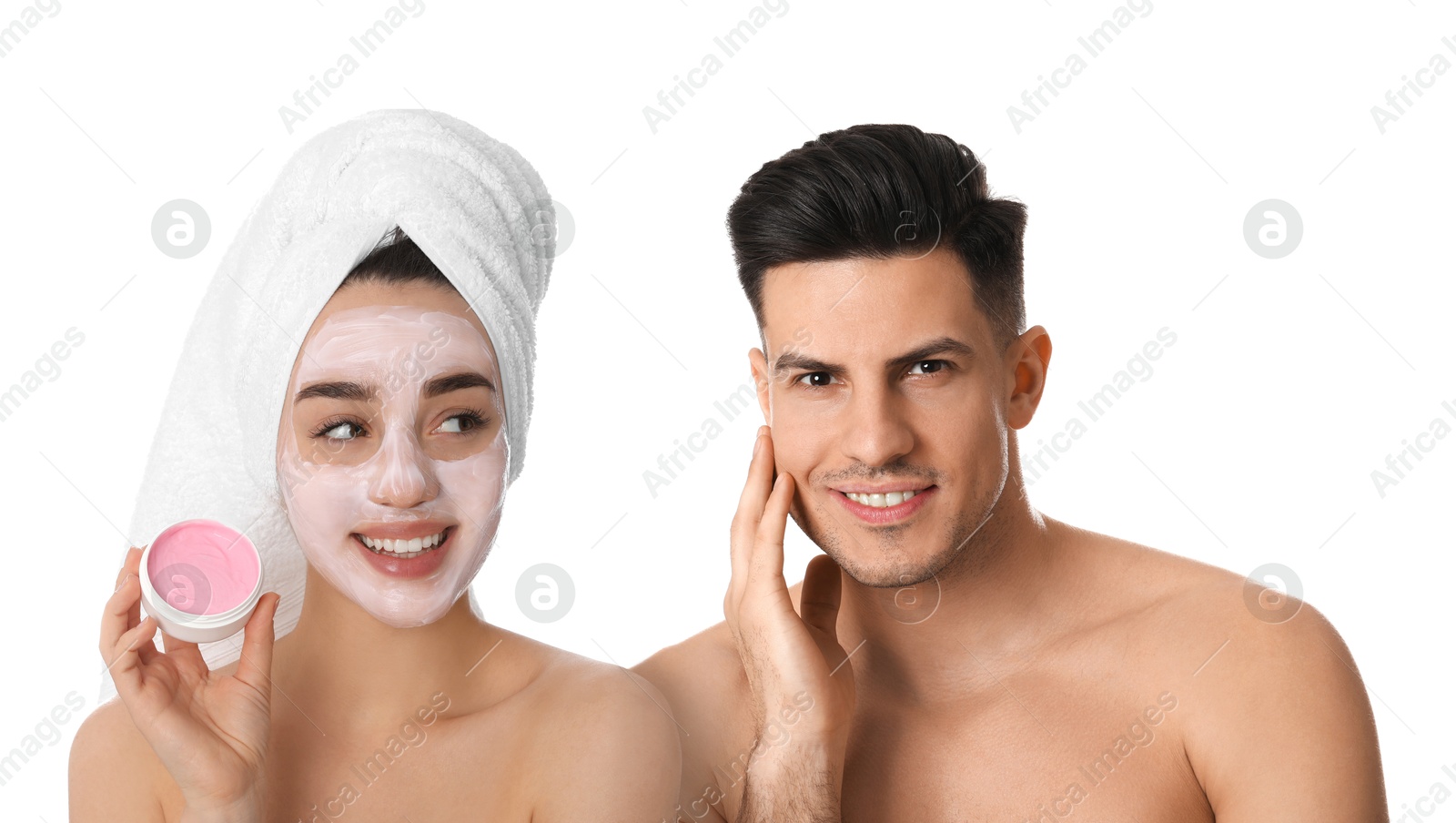 Image of Facial treatment. Woman and man taking care of their skin on white background