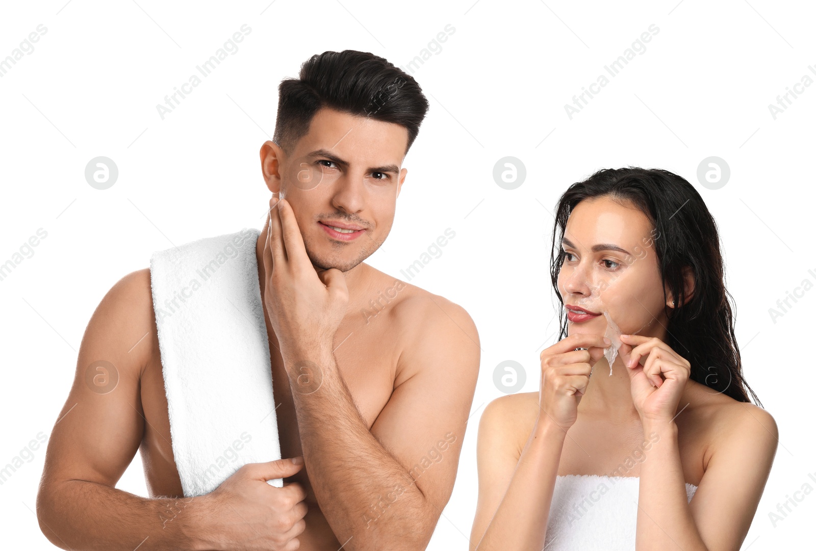 Image of Facial treatment. Woman and man taking care of their skin on white background